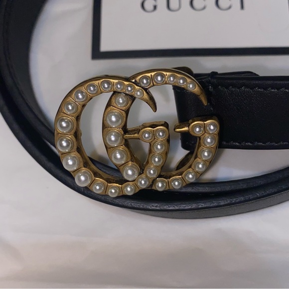 GUCCI MARMONT PEARL BLACK LEATHER BELT Size 95 - Picture 1 of 7